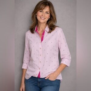 Chicos 2 No Iron Linen Button Shirt Pink White Striped Hummingbird Novelty‎ L/12